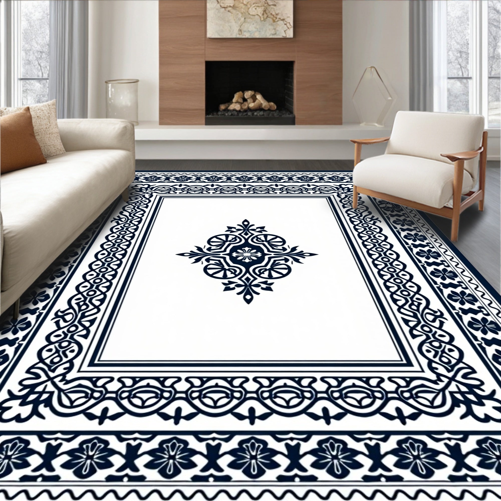 Dark Blue Ornate Floral Medallion Rug