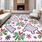 Festive Red Green Bell Snowflake Collage Rug