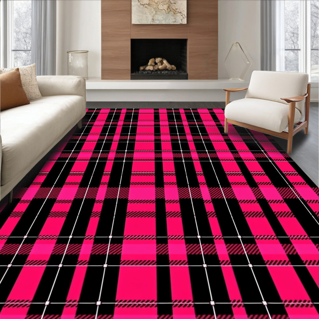 Hot Pink Black Plaid Grid Rug