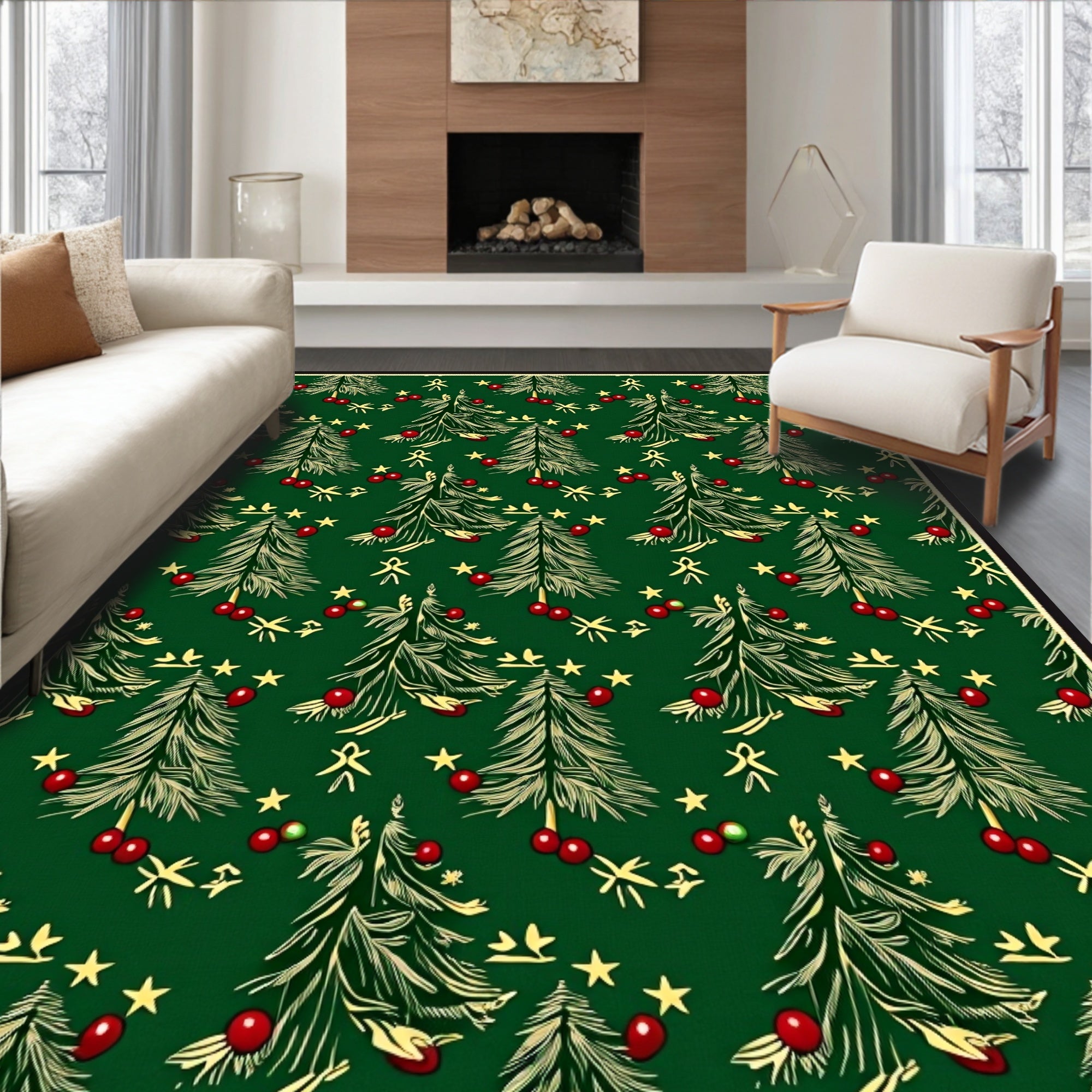 Green Holiday Christmas Tree Stars Rug