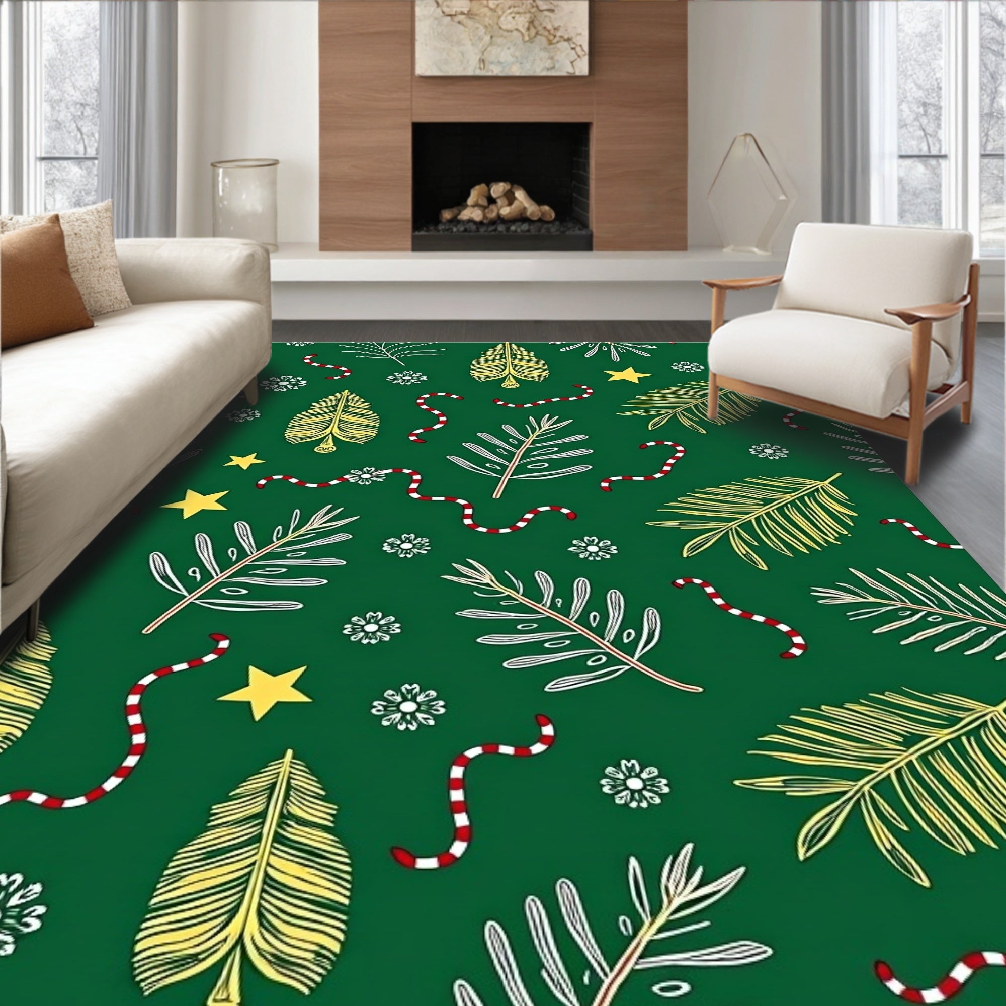 Green Festive Holiday Leaf Star Swirl Rug