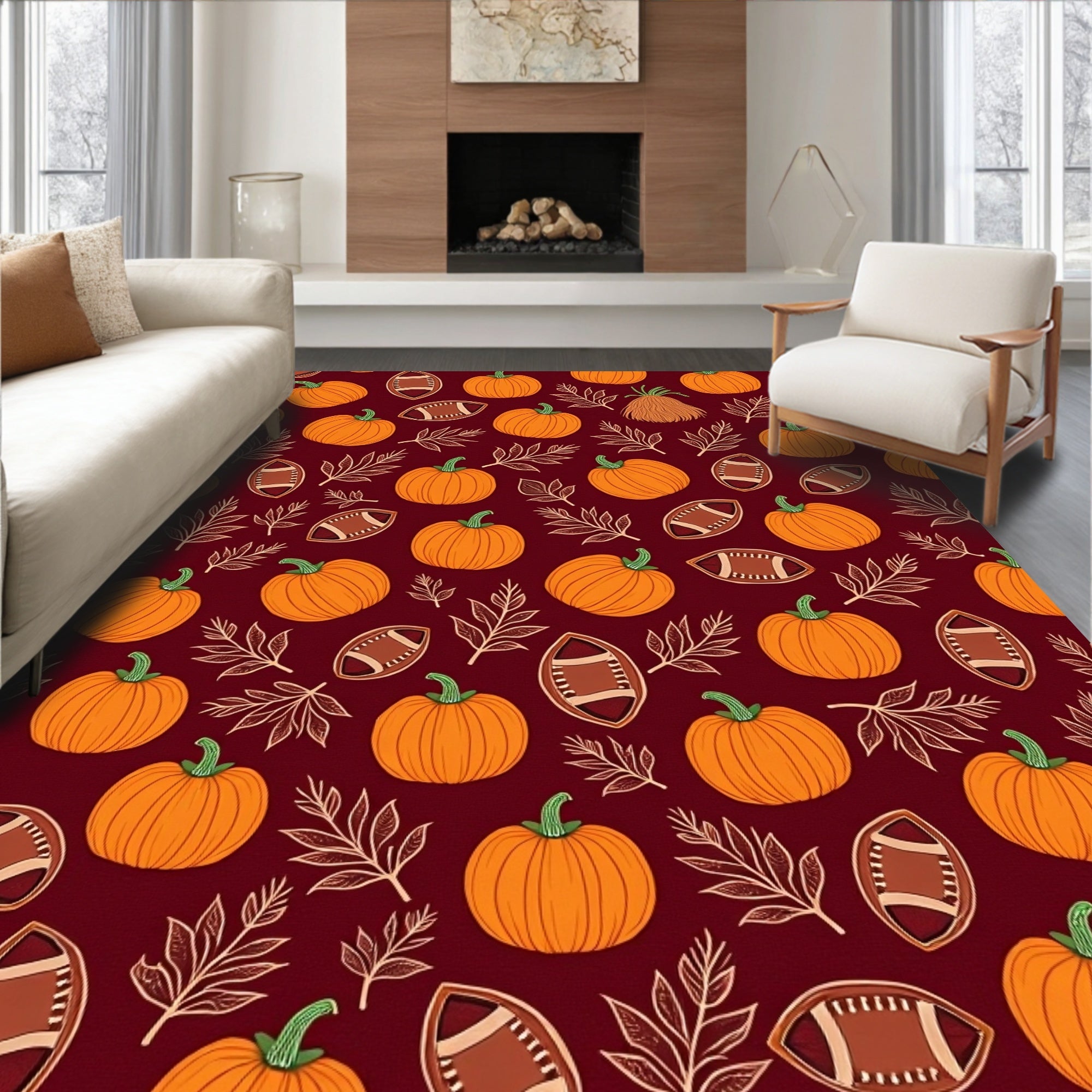 Autumn Pumpkin Football Leaf Toss Rug