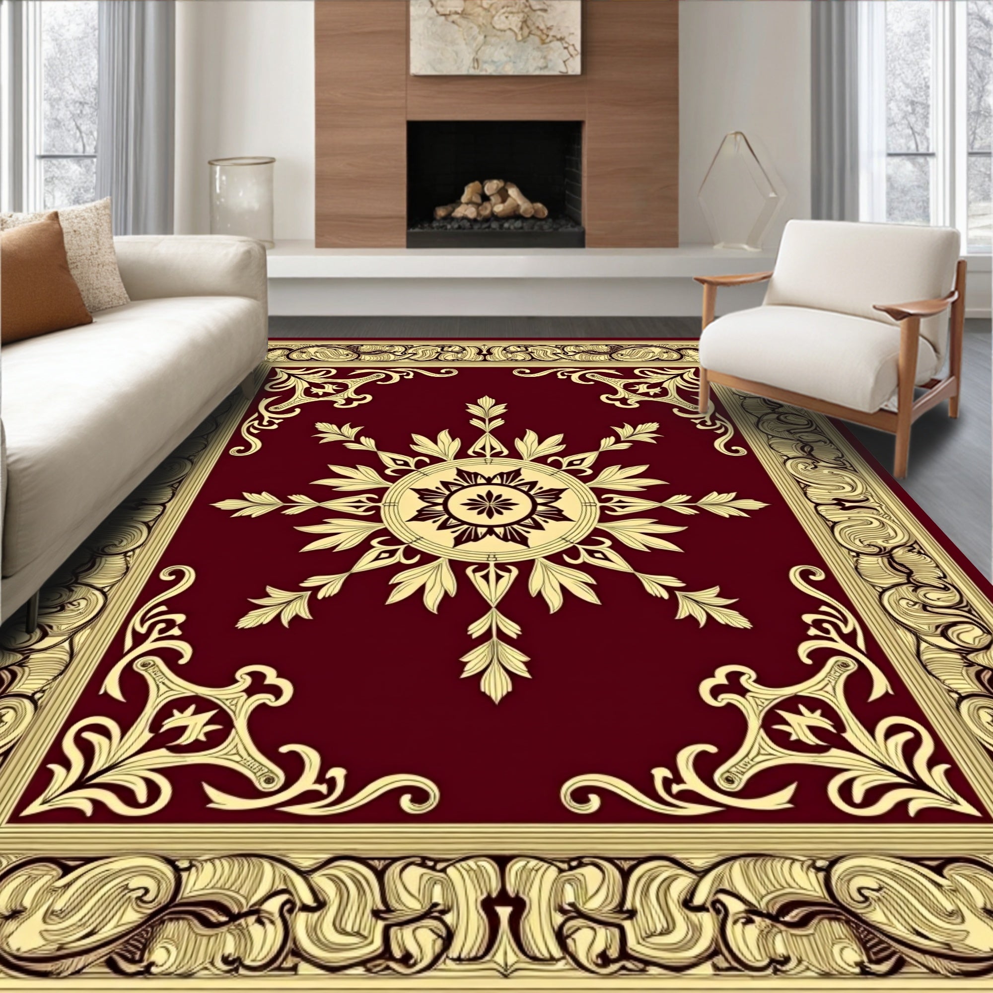 Elegant Gold Floral Medallion Burgundy Rug