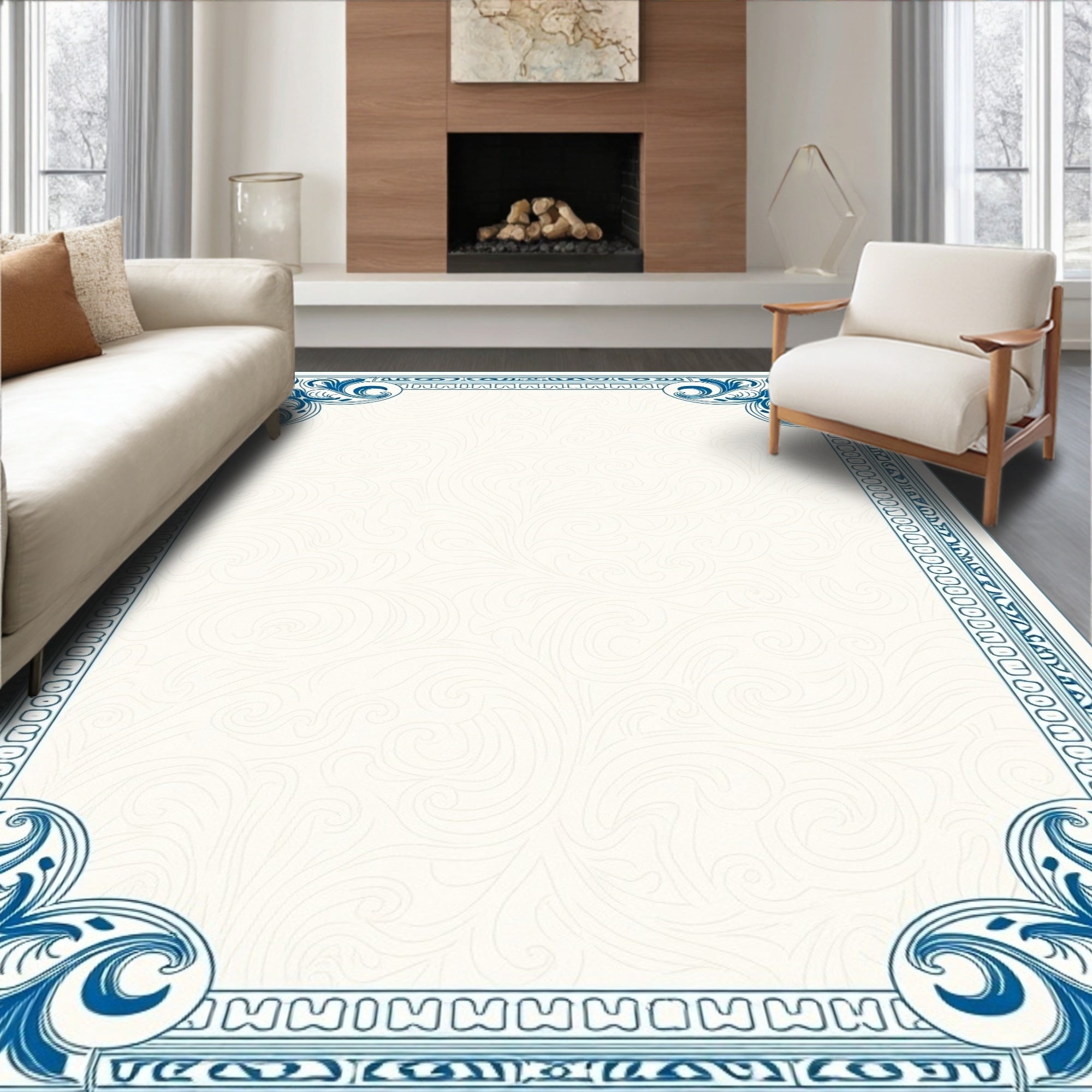 Classic Blue Floral Scroll Border Rug