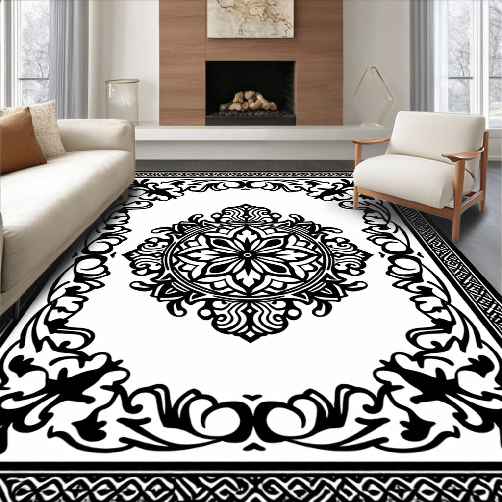 Classic Black Floral Medallion Border Rug