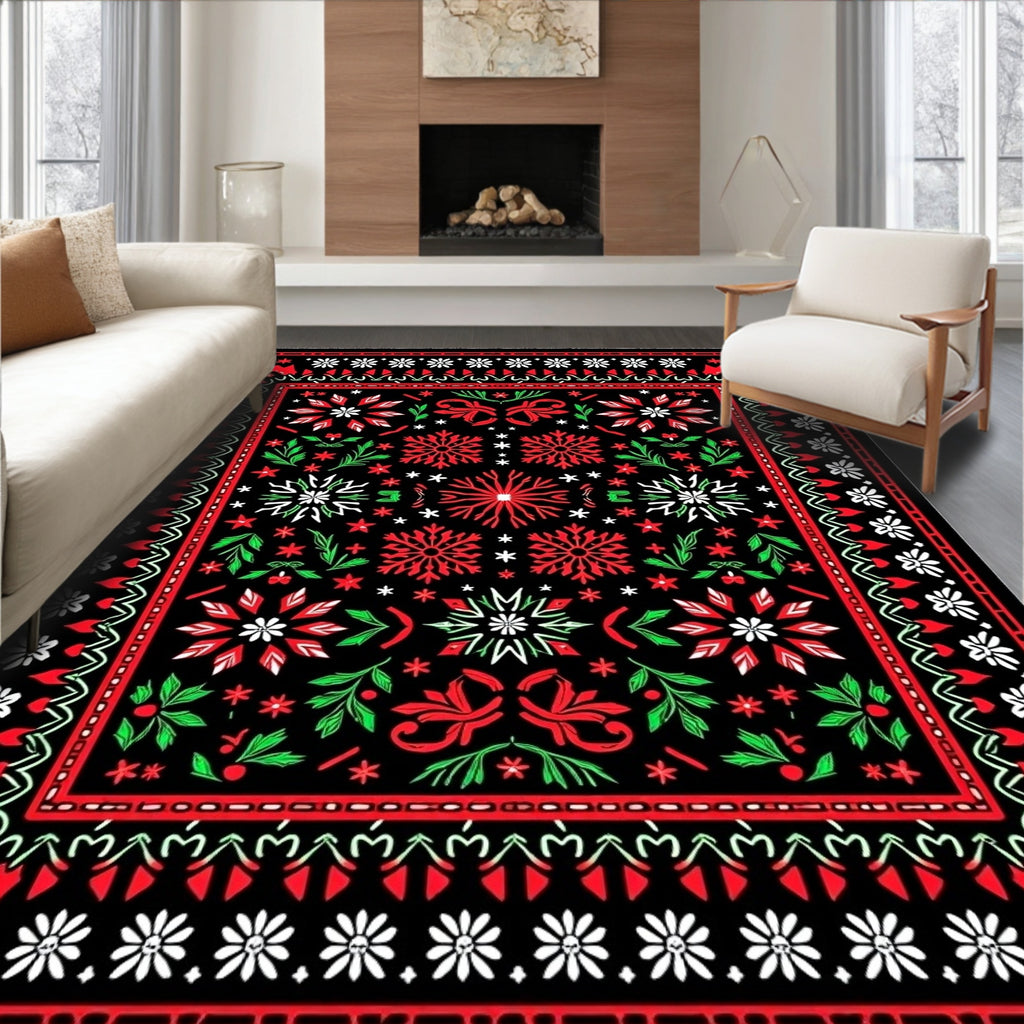 Bold Red Green Floral Medallion Rug