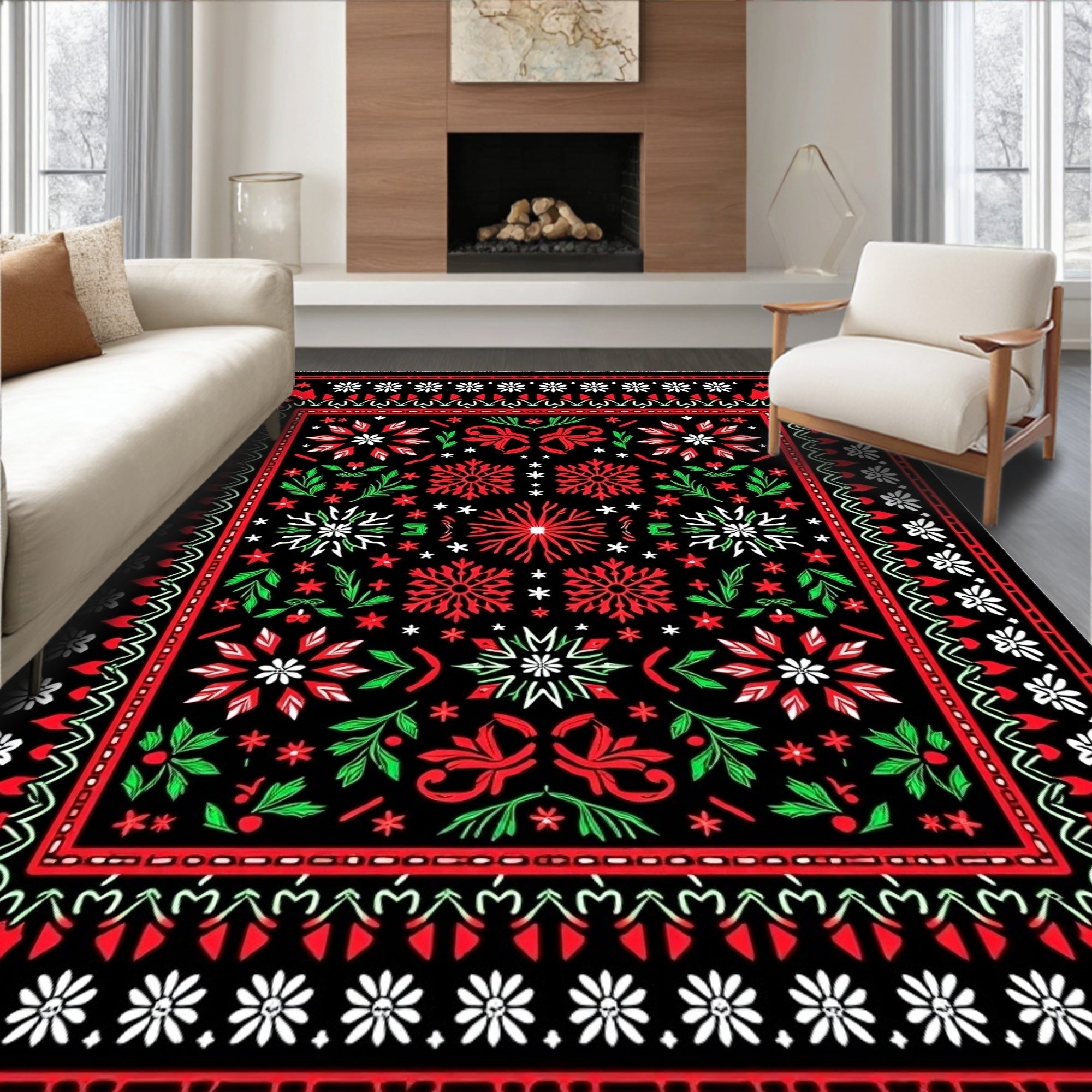 Bold Red Green Floral Medallion Rug