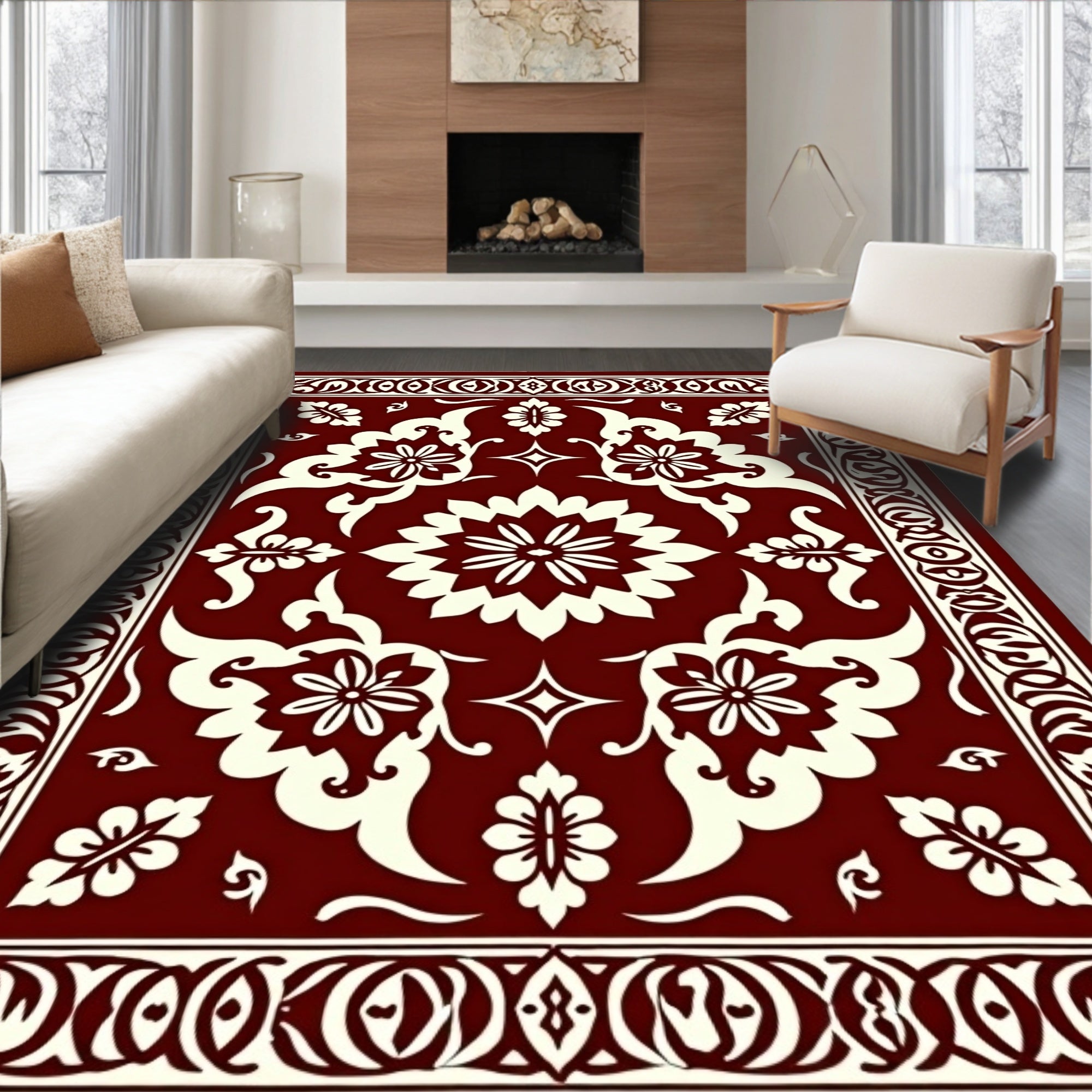 Crimson Cream Orchid Arabesque Border Rug