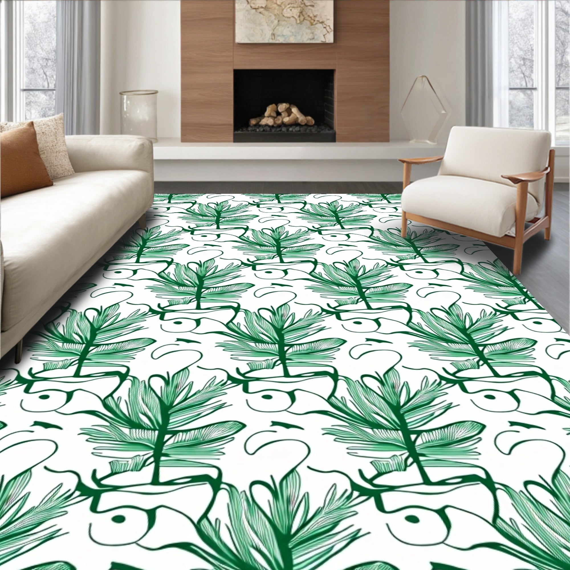 Emerald Green Botanical Sketch Overlay Rug