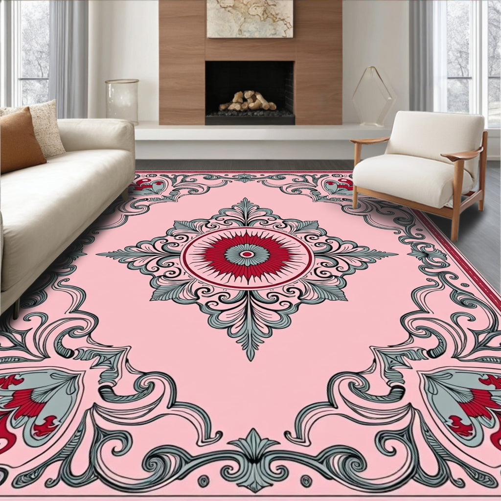 Victorian Pink Floral Scroll Medallion Rug