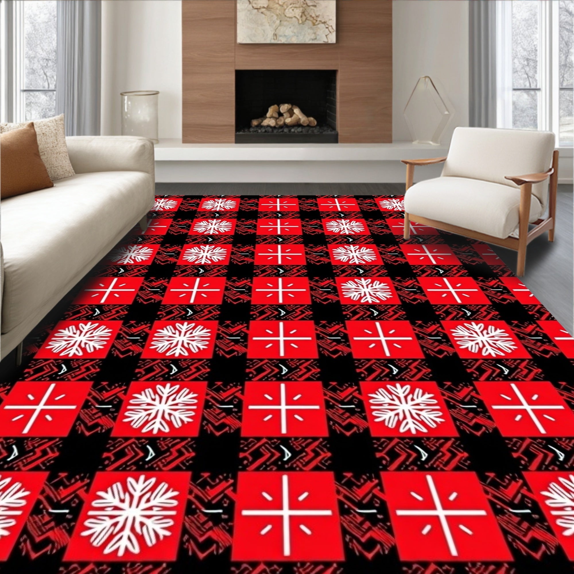 Classic Red White Snowflake Plaid Rug