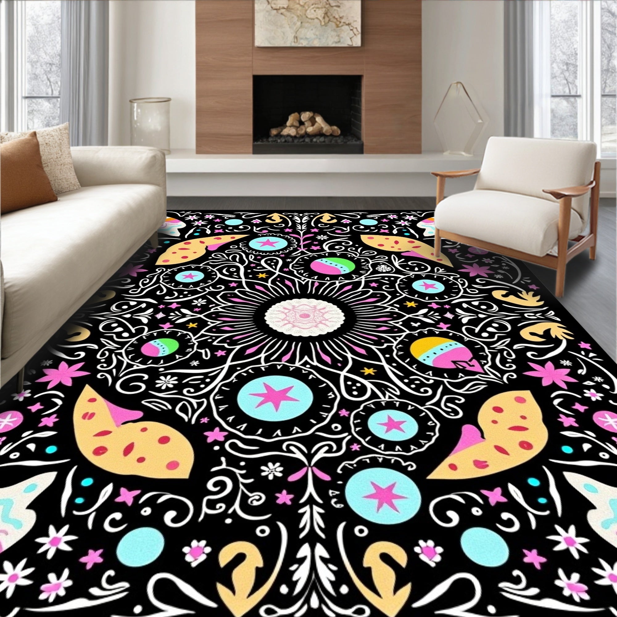 Whimsical Black Floral Colorful Medallion Rug