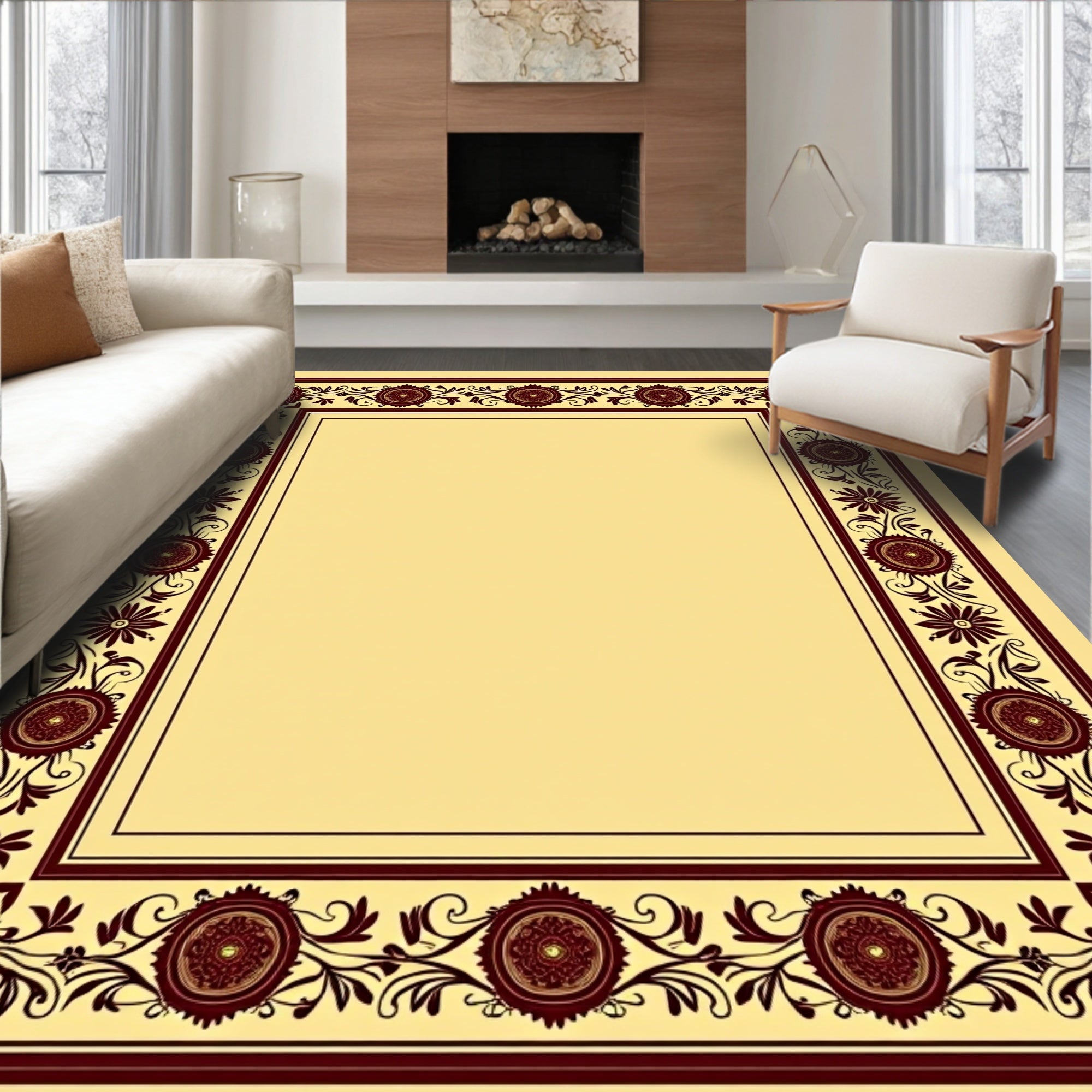 Deep Maroon Floral Vines Border Rug