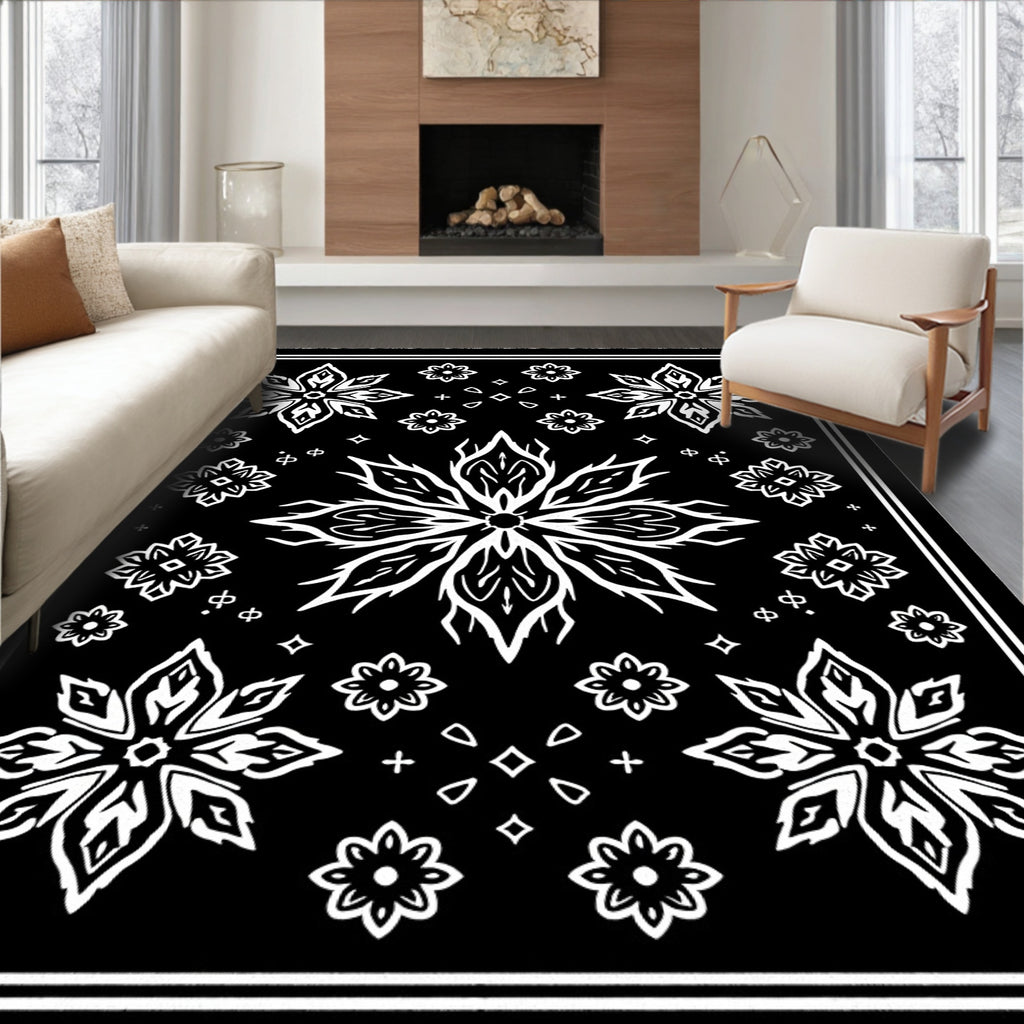 Black White Floral Starburst Medallion Rug