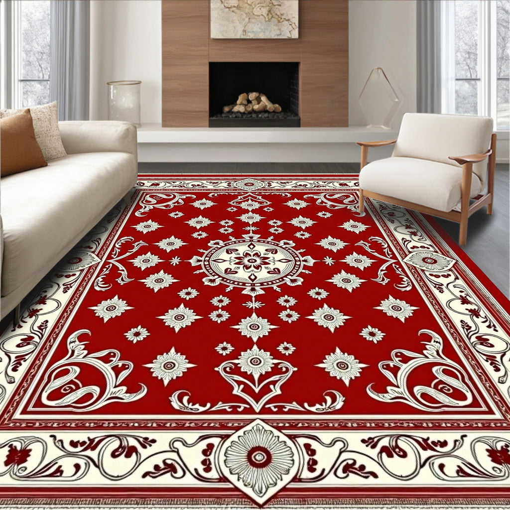 Deep Red Cream Ornate Bloom Rug