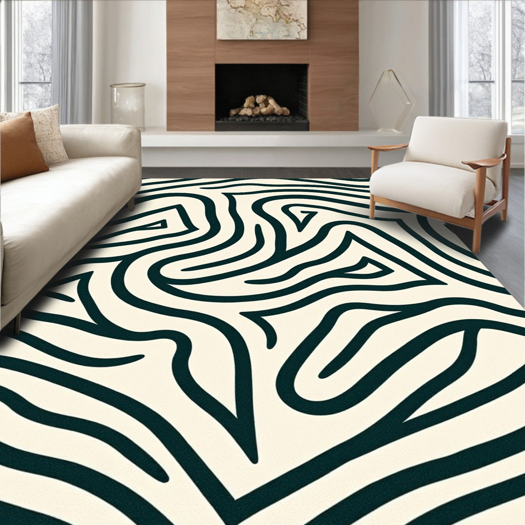 Cream Black Abstract Swirl Organic Rug
