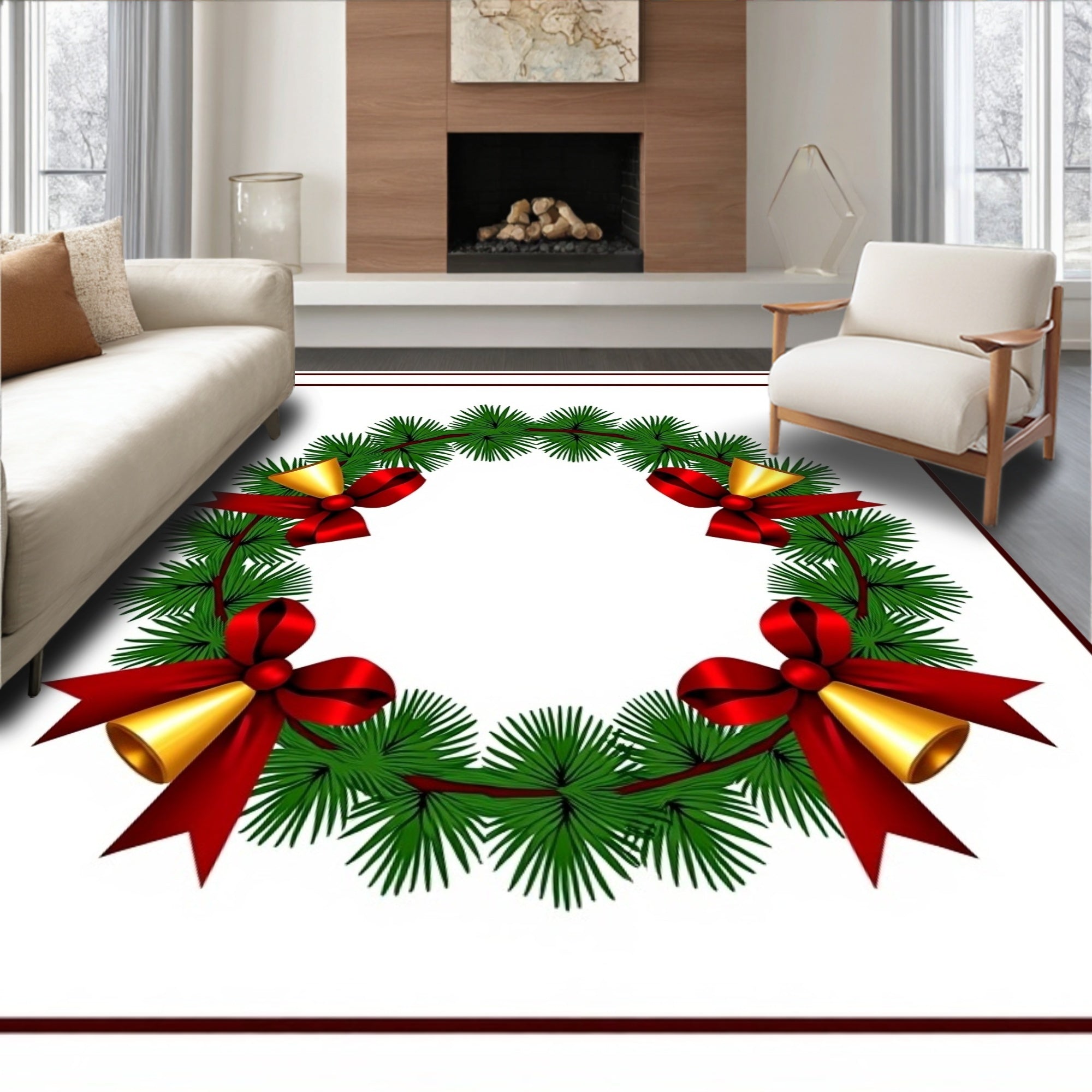 Festive Green Pine Wreath Gold Bells Rug