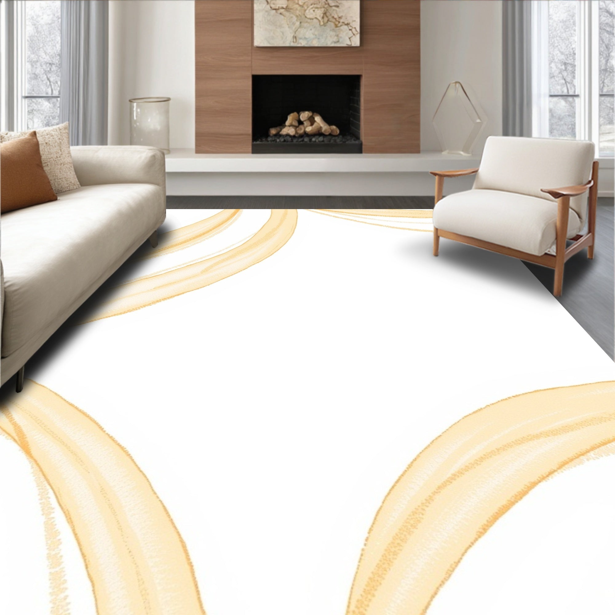 Golden Brushstroke Swirl Abstract Rug