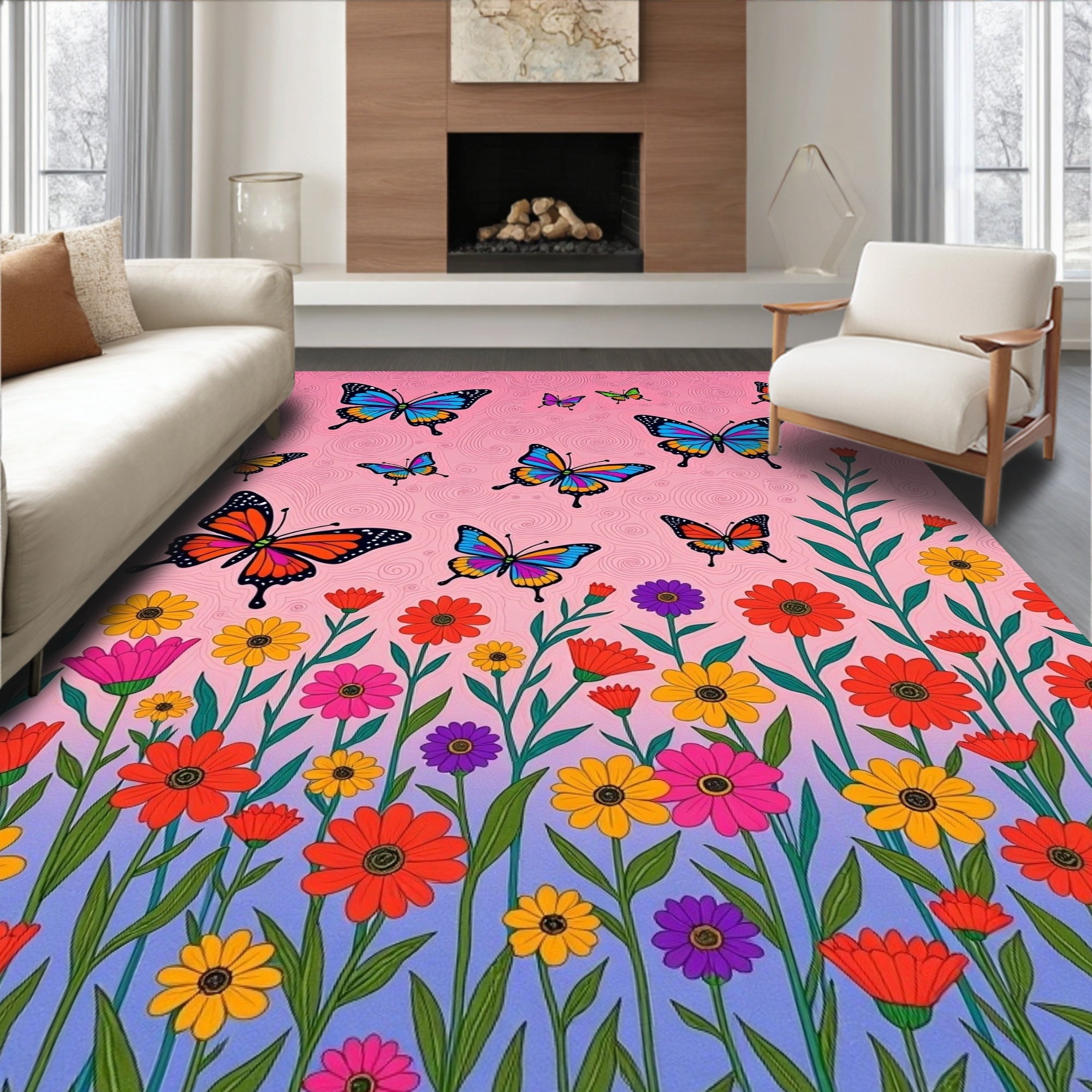 Whimsical Butterfly Garden Flower Medley Rug