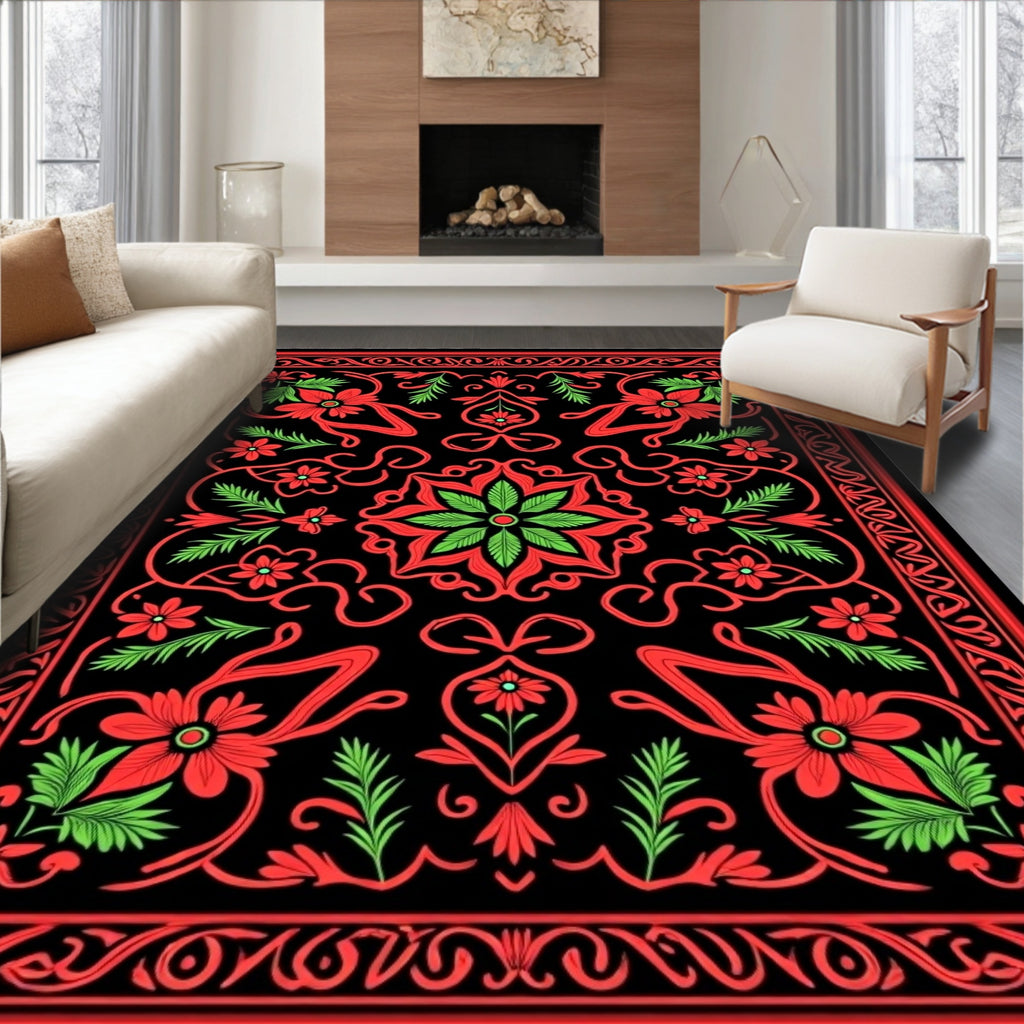Crimson Floral Swirls Black Rug