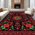 Crimson Floral Swirls Black Rug