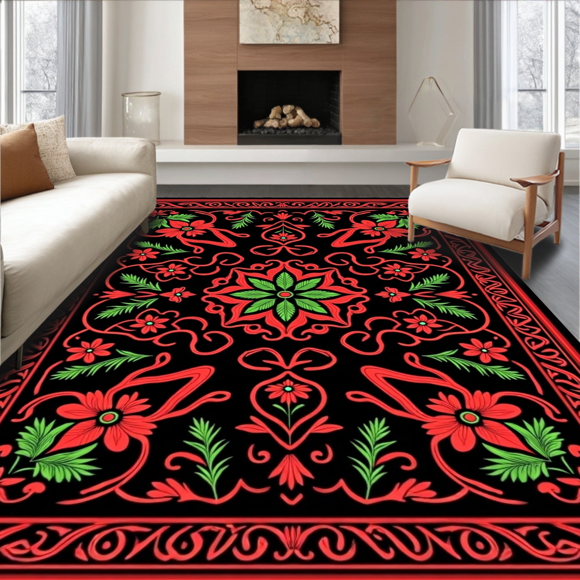 Crimson Floral Swirls Black Rug