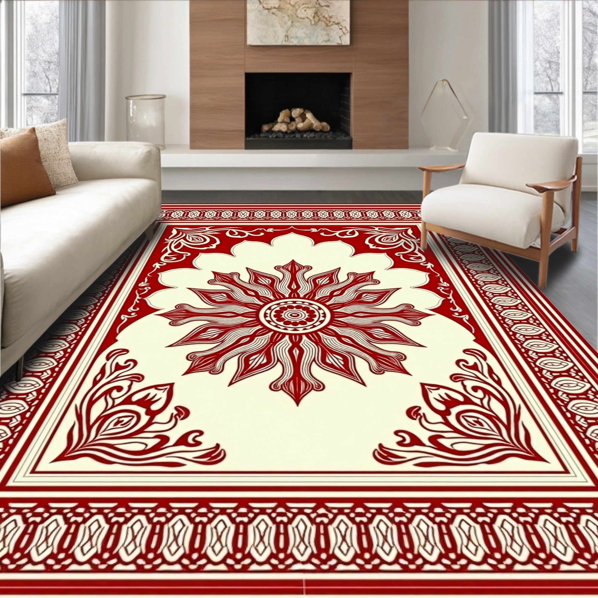 Crimson Cream Floral Sun Medallion Rug