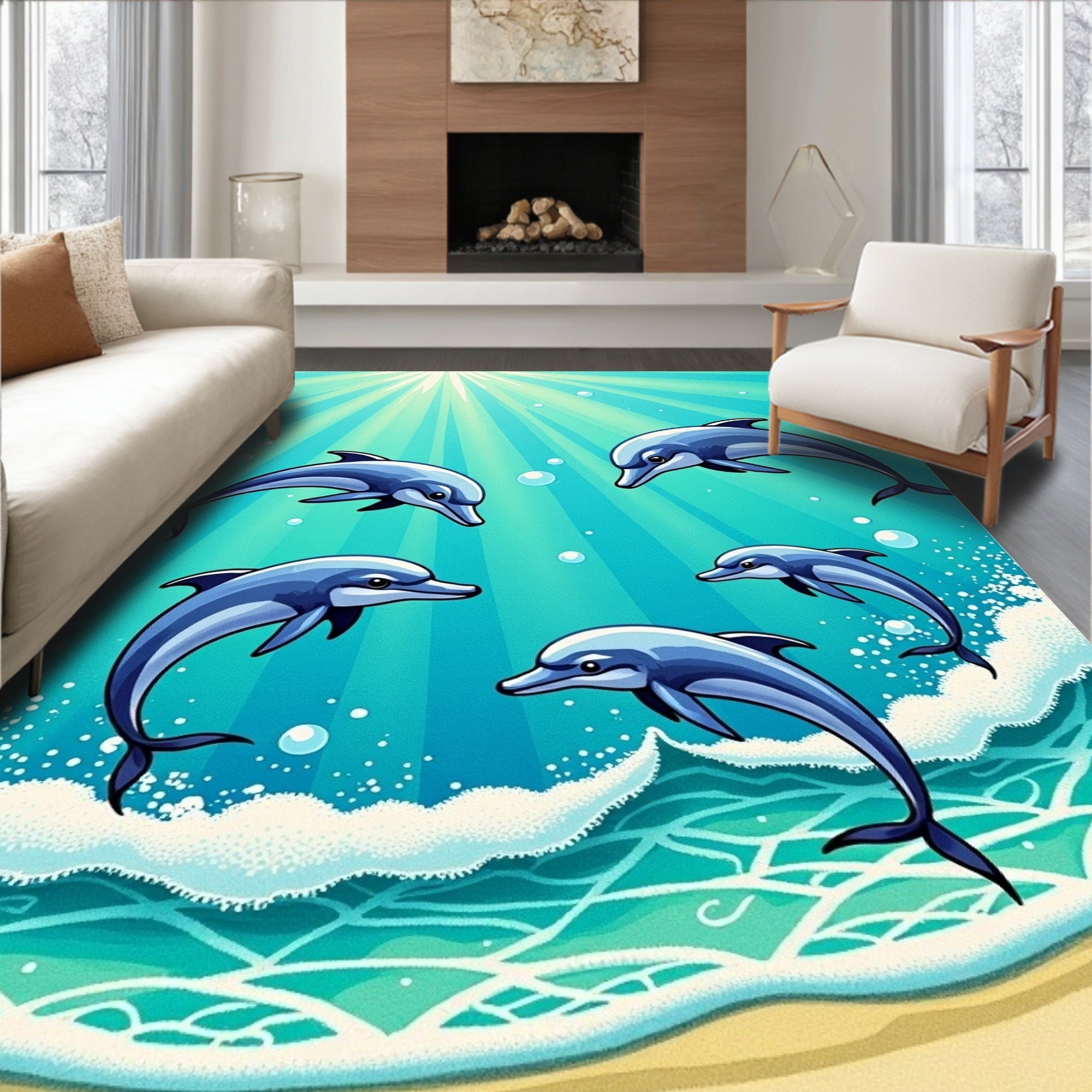 Playful Blue Dolphins Under Sunrays Rug