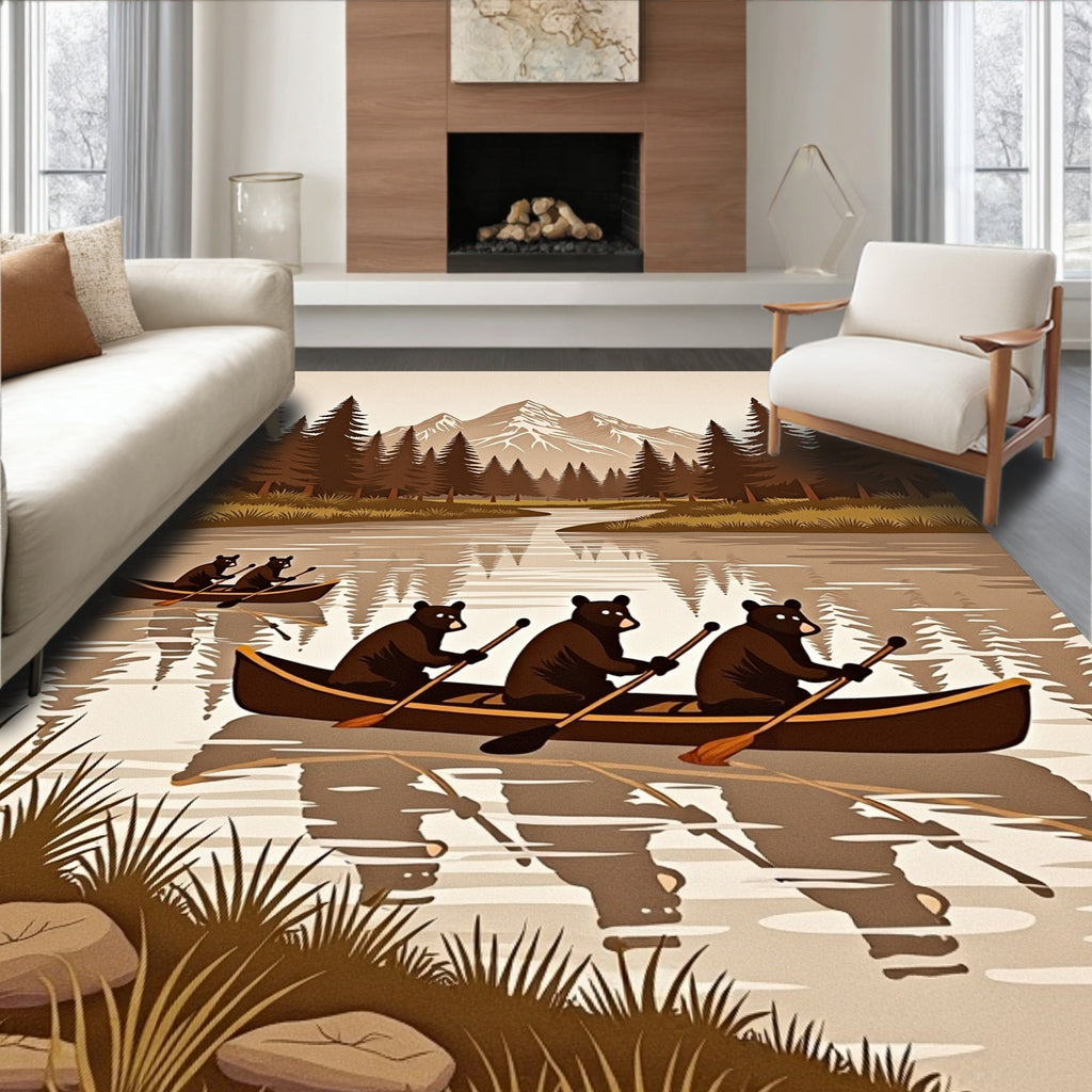 Woodland Bears Canoeing Mountain Lake Whimsical Rug