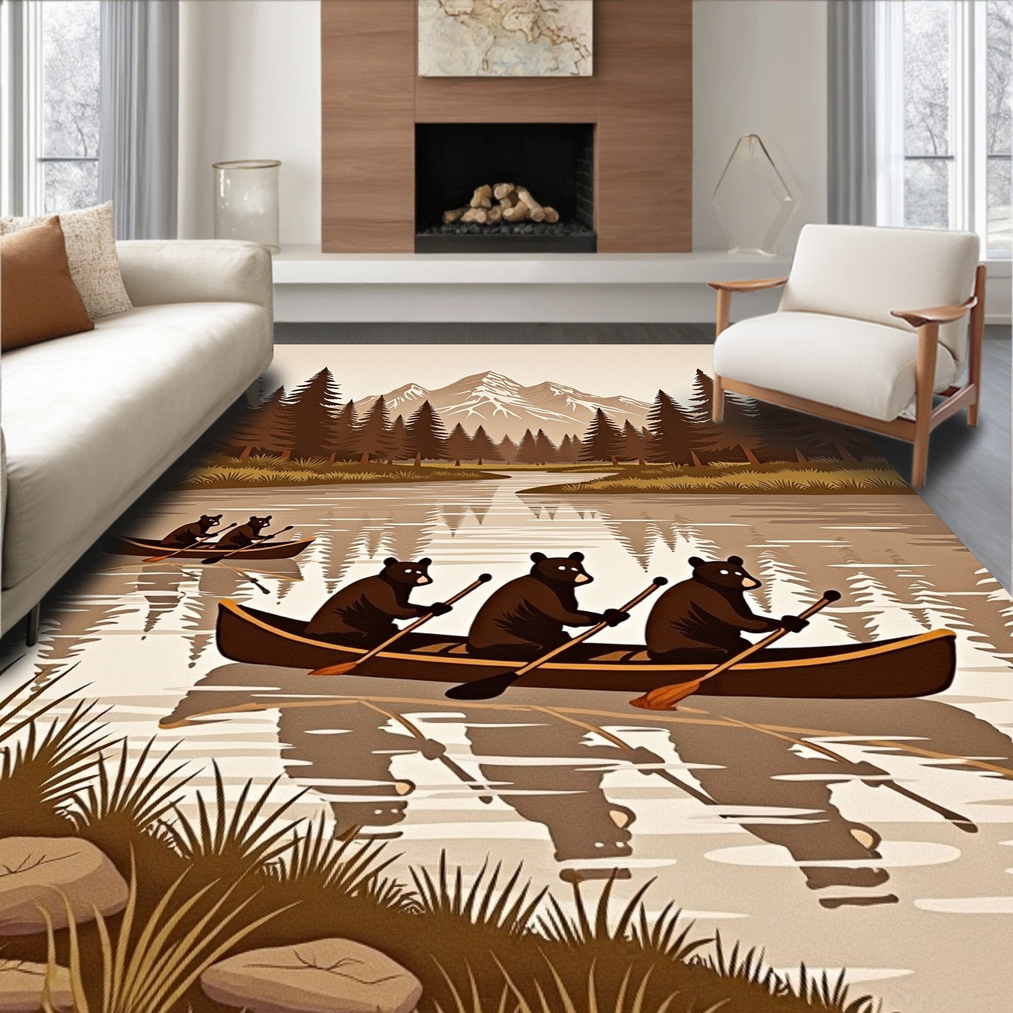 Woodland Bears Canoeing Mountain Lake Whimsical Rug