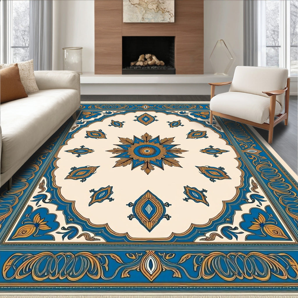 Ornate Blue Golden Floral Medallion Rug