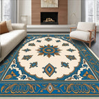 Ornate Blue Golden Floral Medallion Rug