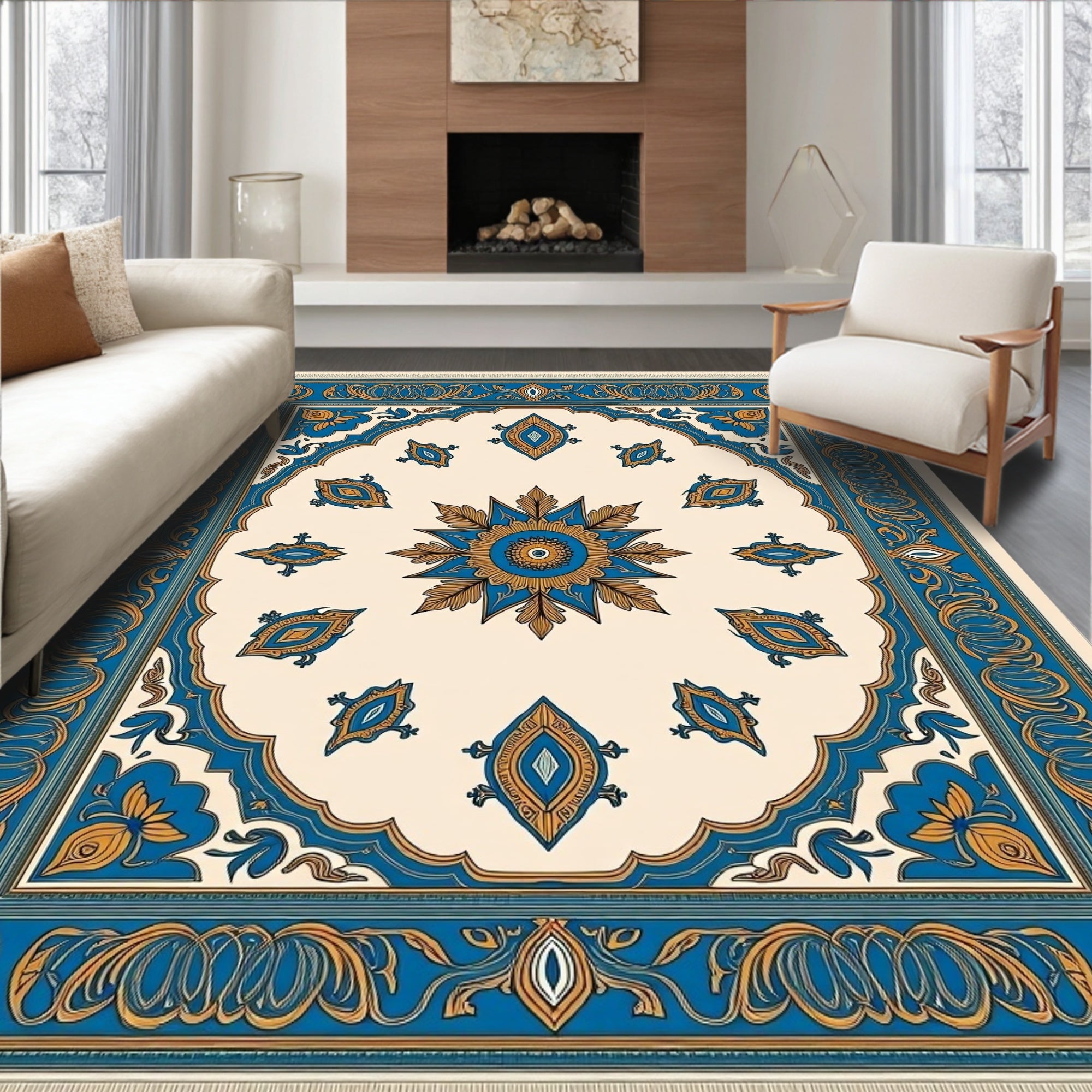 Ornate Blue Golden Floral Medallion Rug