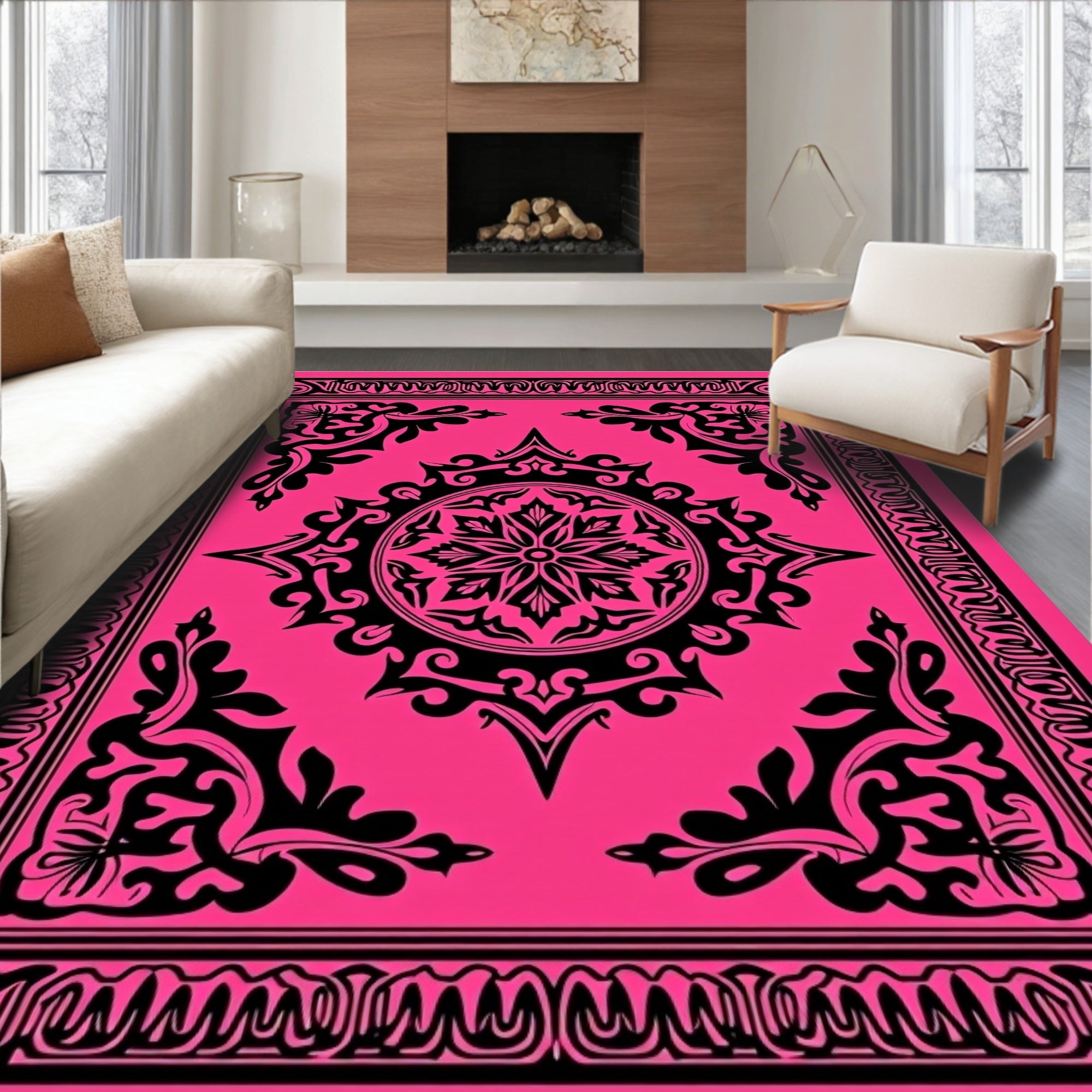 Hot Pink Black Floral Medallion Frame Rug