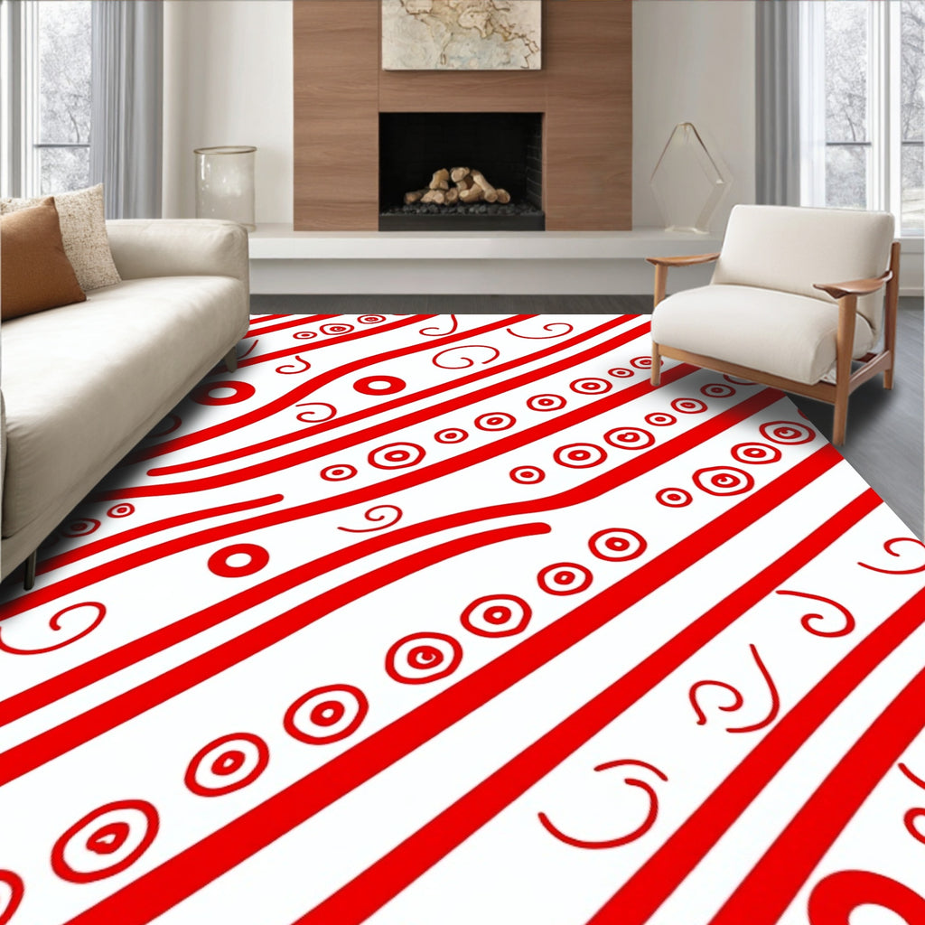 Bold Red White Swirl Stripe Accents Rug