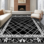 Black White Floral Geometric Lattice Rug