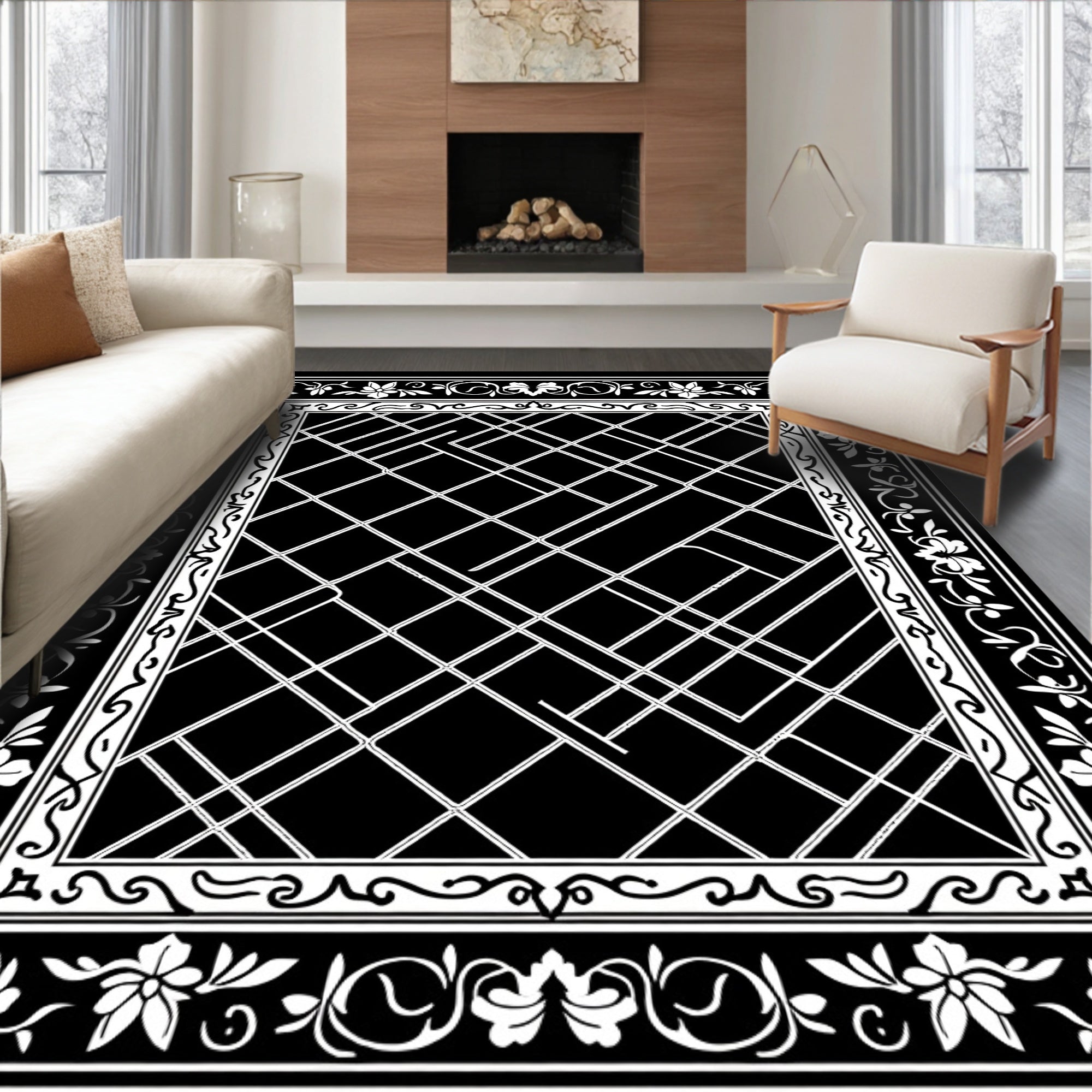 Black White Floral Geometric Lattice Rug