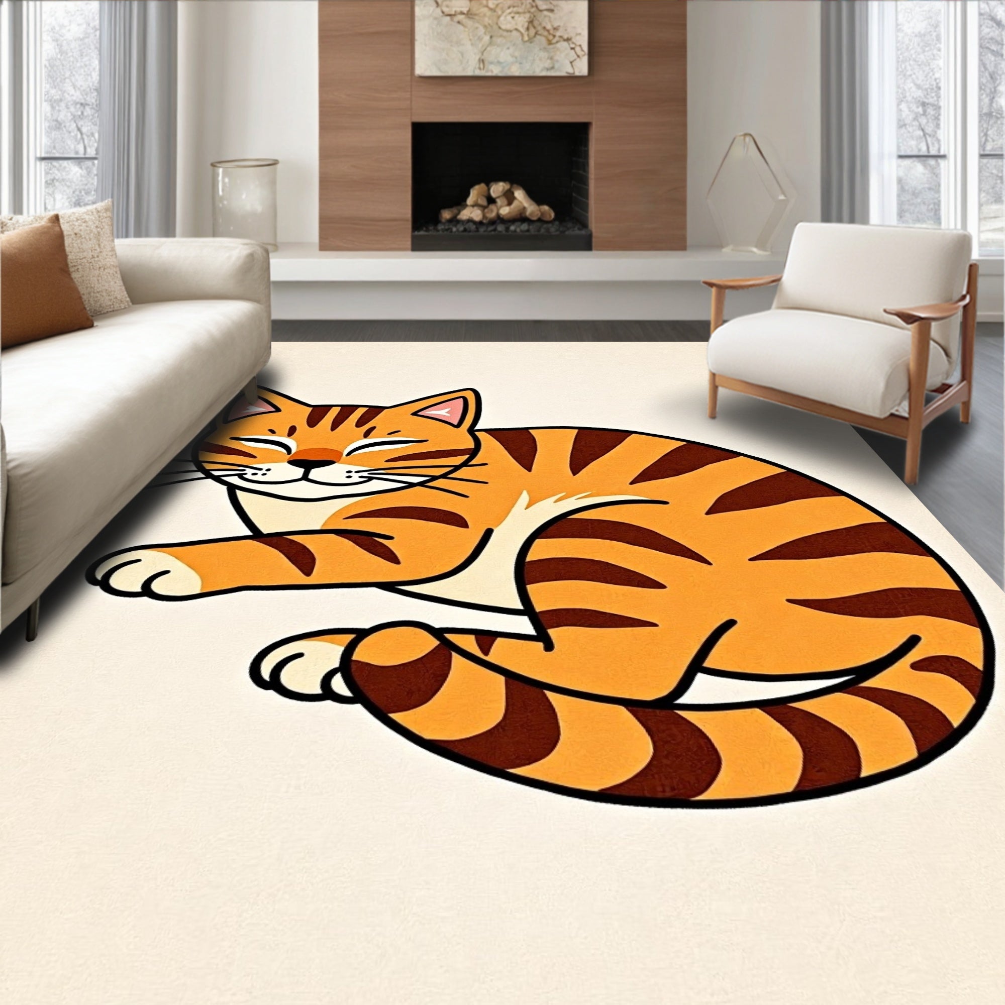Whimsical Orange Tabby Cat Illustration Rug