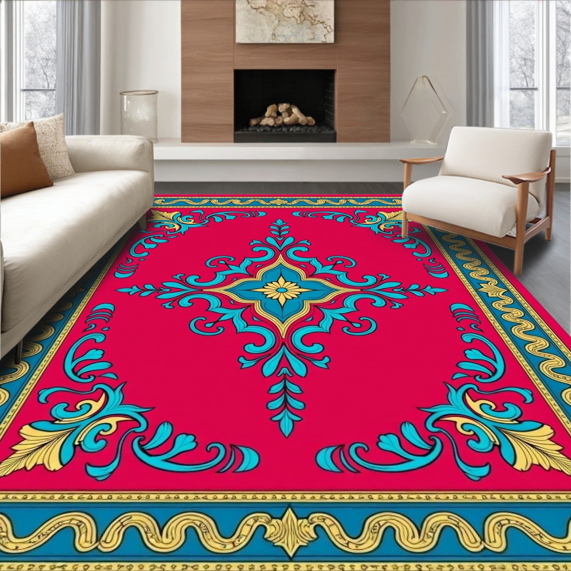 Vibrant Crimson Floral Medallion Border Rug