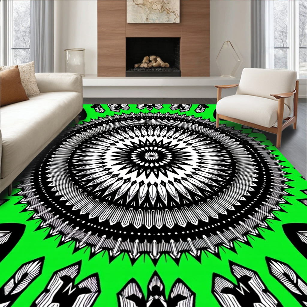Vibrant Green Black Mandala Sunburst Rug