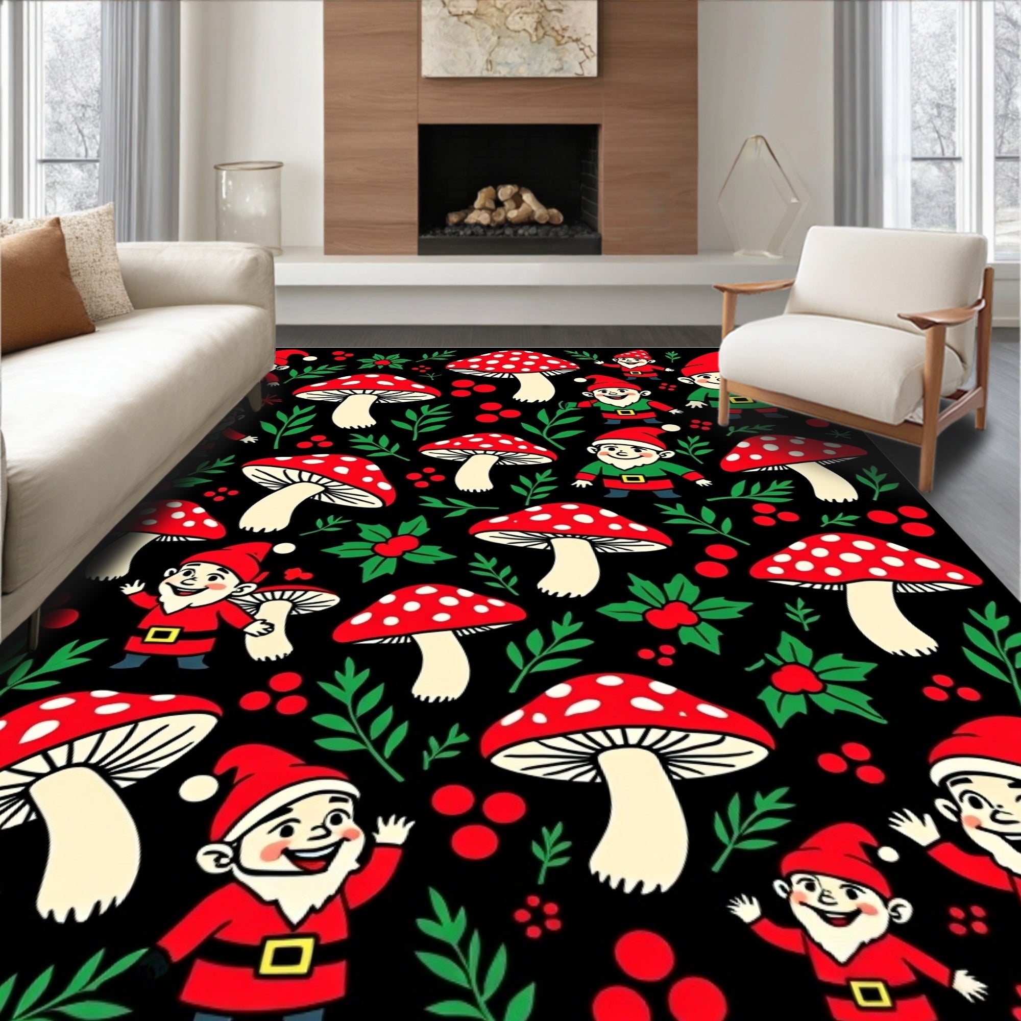 Whimsical Red Mushroom Gnome Garden Rug