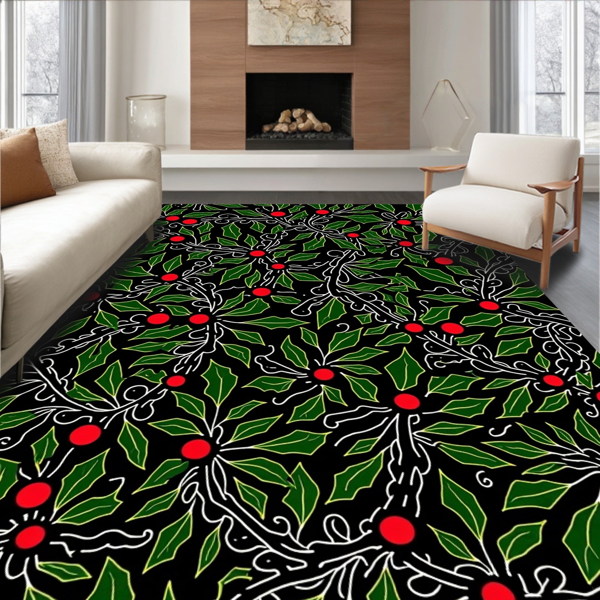 Black Green Holly Berry Branch Rug