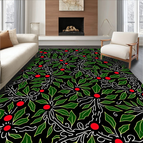 Black Green Holly Berry Branch Rug