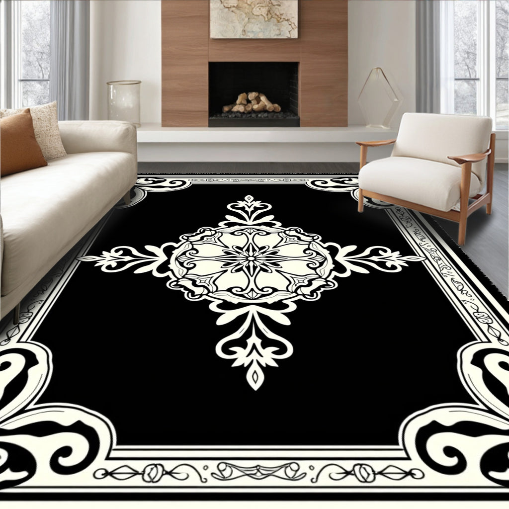 Ornate Black and Cream Medallion Rug