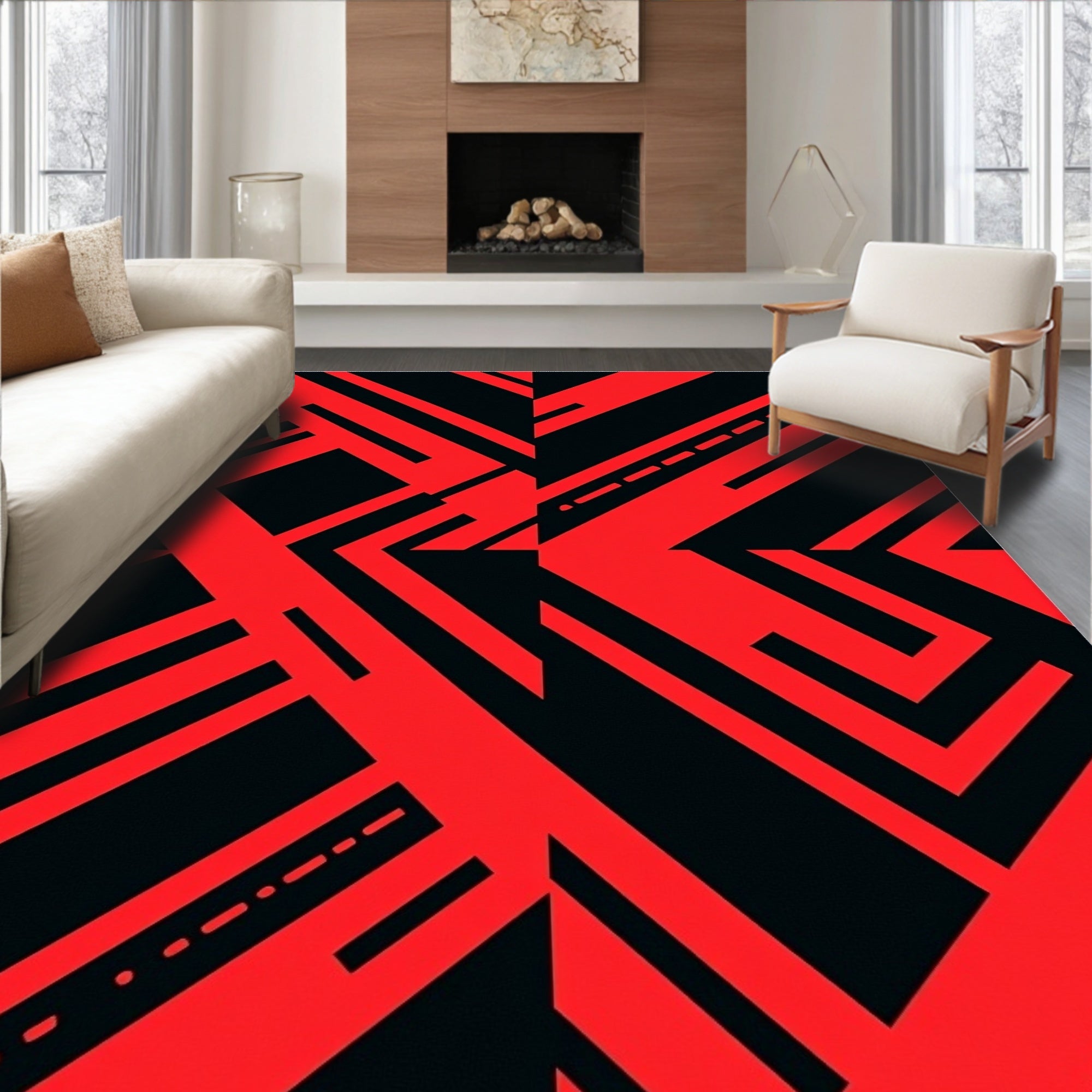 Bold Red Geometric Lines Rug