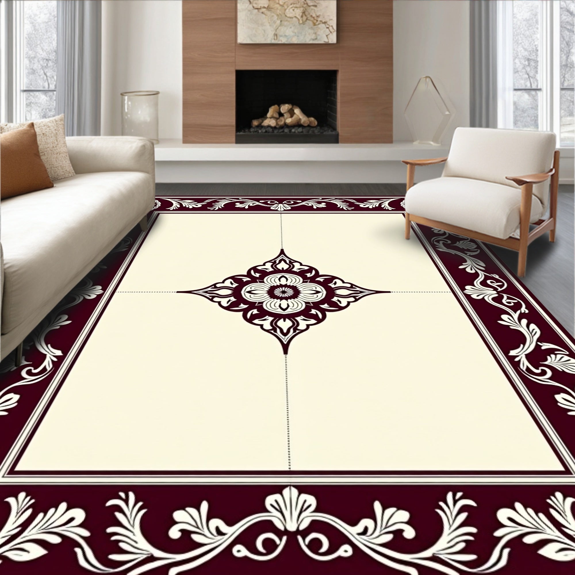 Deep Cherry Floral Medallion Border Rug