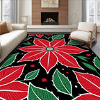 Bold Red Poinsettia Floral Black Rug