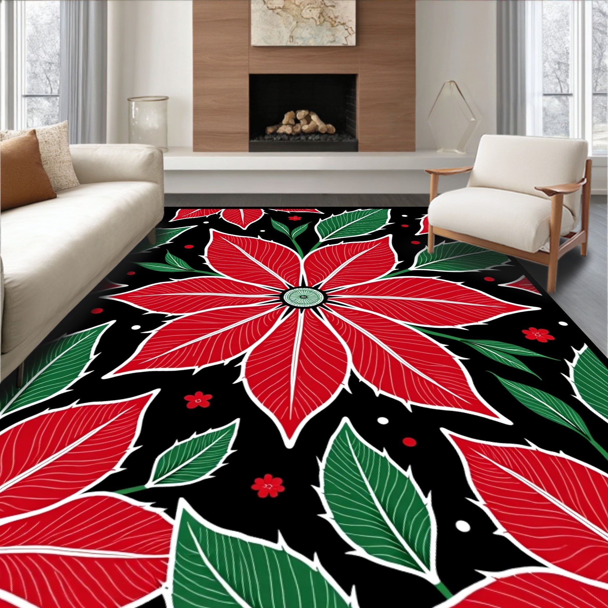 Bold Red Poinsettia Floral Black Rug