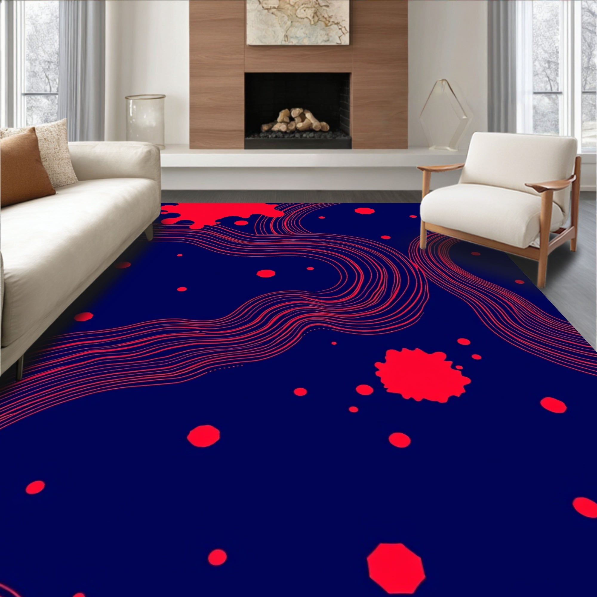 Crimson Waves on Deep Blue Field Rug
