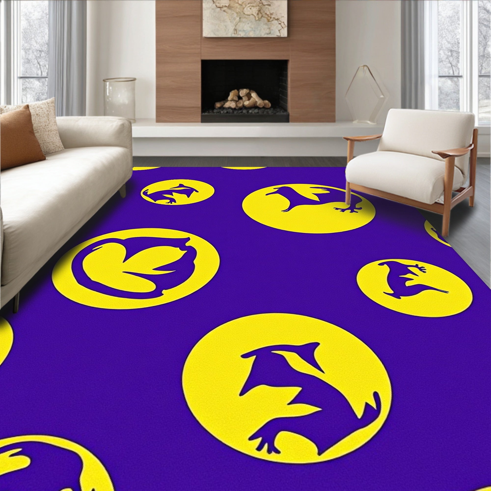 Vibrant Purple Yellow Animal Rounds Rug
